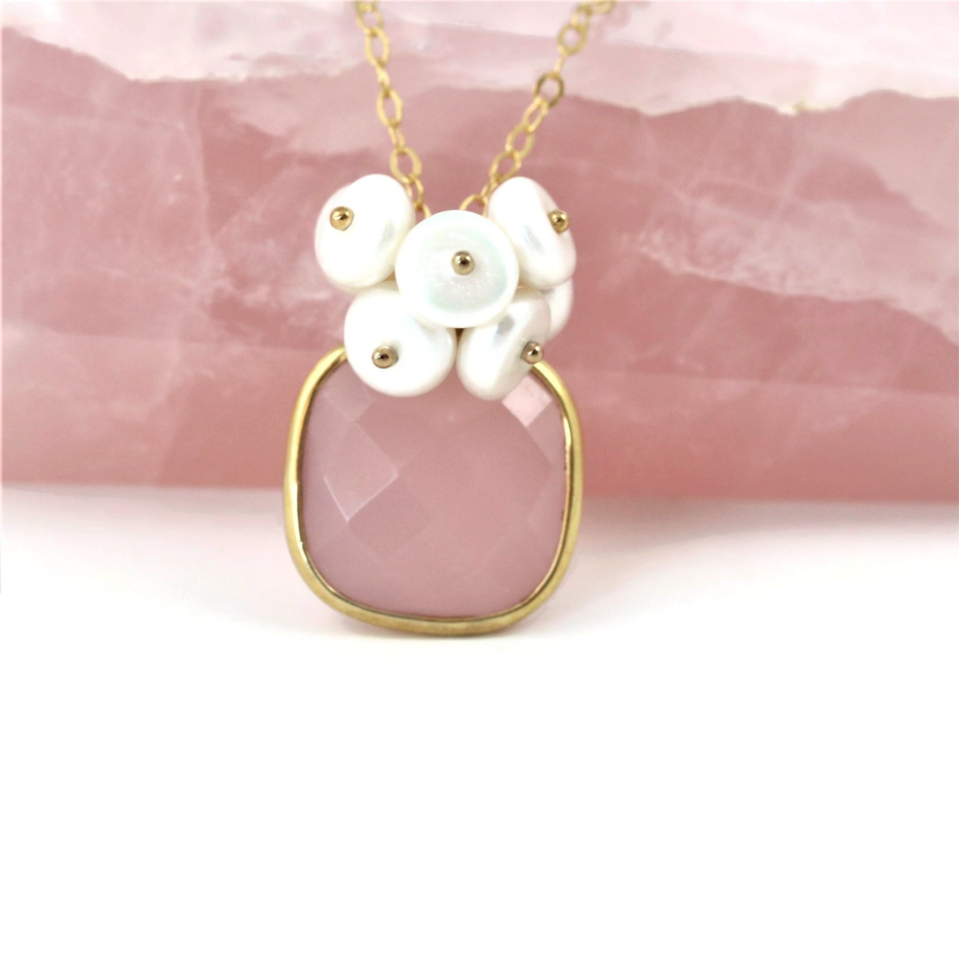 Pink Chalcedony With Button Pearls 14 k Gold Filled - Sienna Grace Jewelry