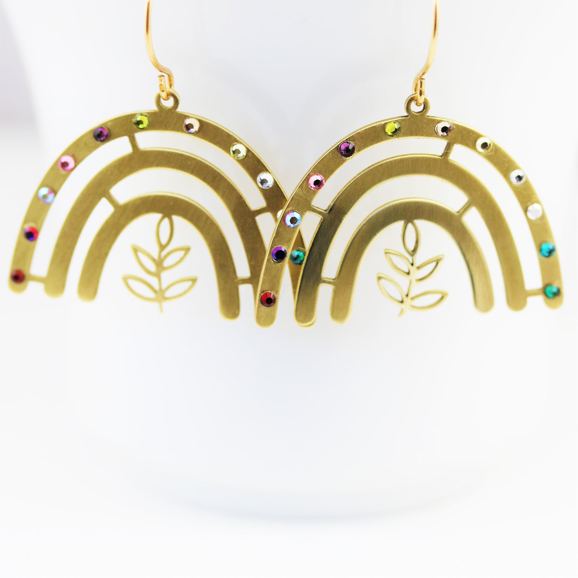 Rainbow Earrings Gold Brass Crystal Dangles - Sienna Grace Jewelry