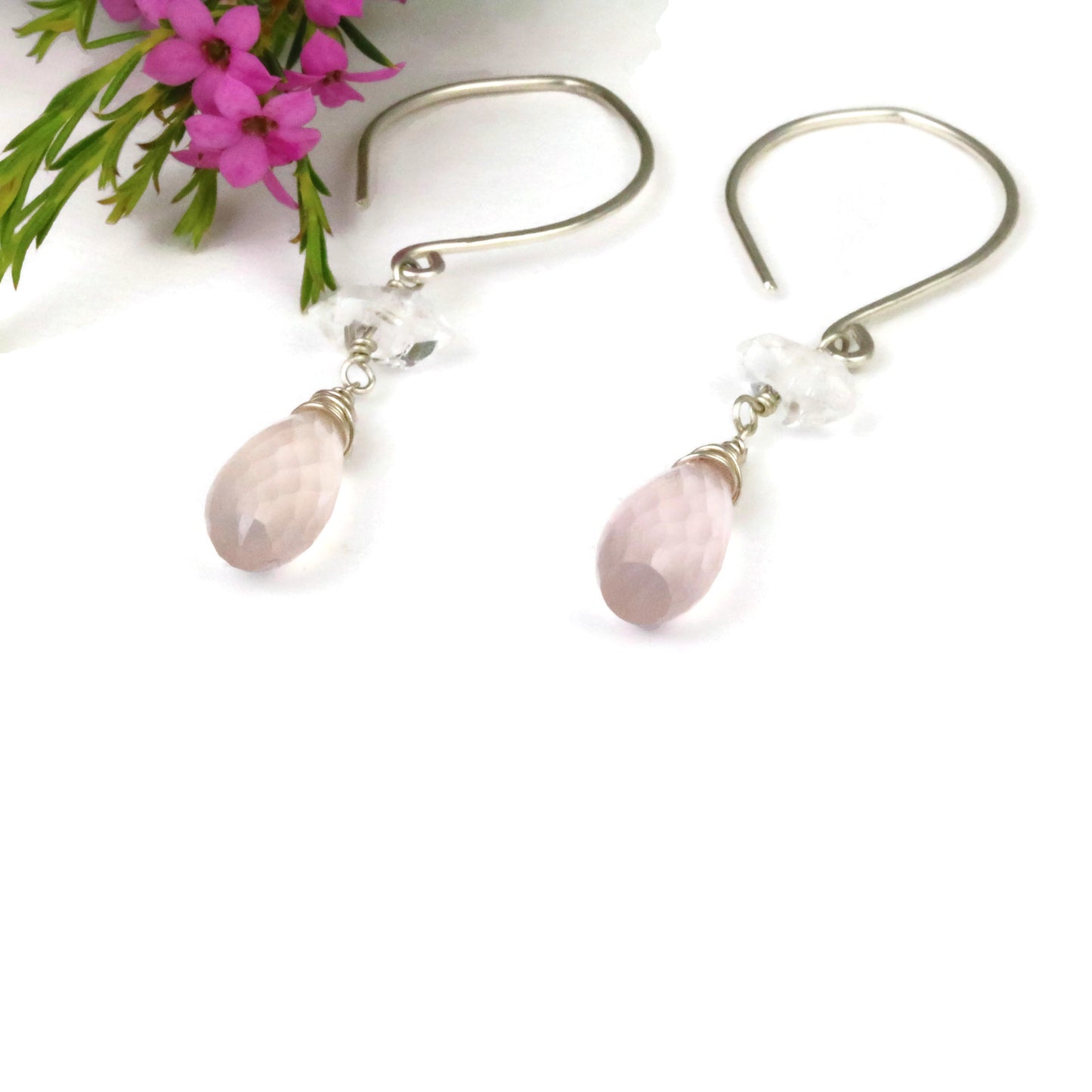 Rose Quartz and Herkimer Diamond Dangle Earrings - Sienna Grace Jewelry | Pretty Little Handcrafted Sparkles