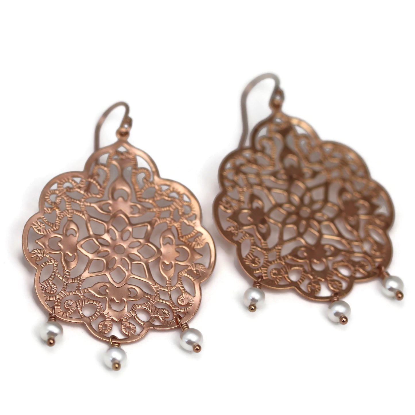 Rose Gold Filigree Earrings With Freshwater Pearl Dangles  - Sienna Grace Jewelry