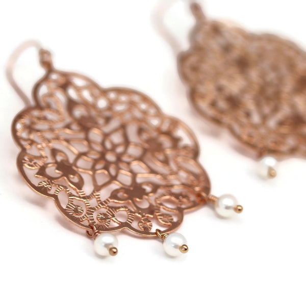 Rose Gold Filigree Earrings With Freshwater Pearl Dangles  - Sienna Grace Jewelry