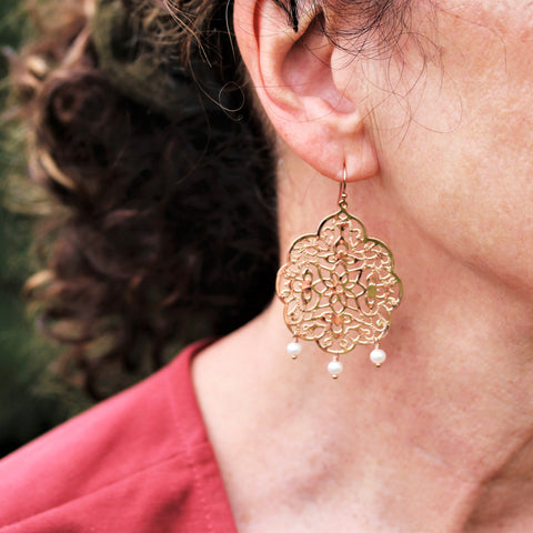 Rose Gold Filigree Earrings With Freshwater Pearl Dangles  - Sienna Grace Jewelry