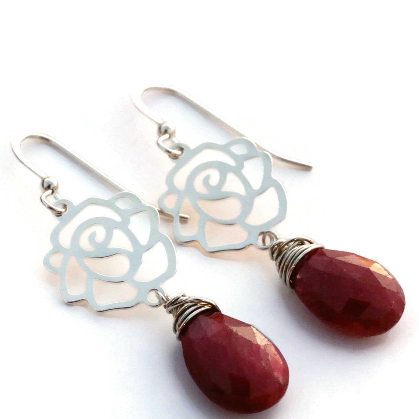 Ruby Earrings with Sterling Silver Roses - Sienna Grace Jewelry | Pretty Little Handcrafted Sparkles