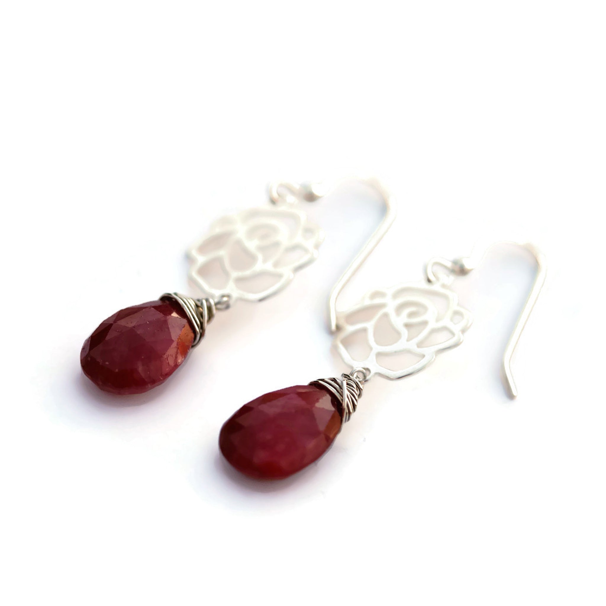 Ruby Earrings with Sterling Silver Roses - Sienna Grace Jewelry | Pretty Little Handcrafted Sparkles