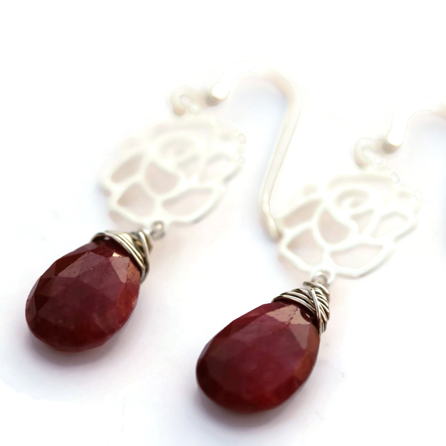 Ruby Earrings with Sterling Silver Roses - Sienna Grace Jewelry | Pretty Little Handcrafted Sparkles