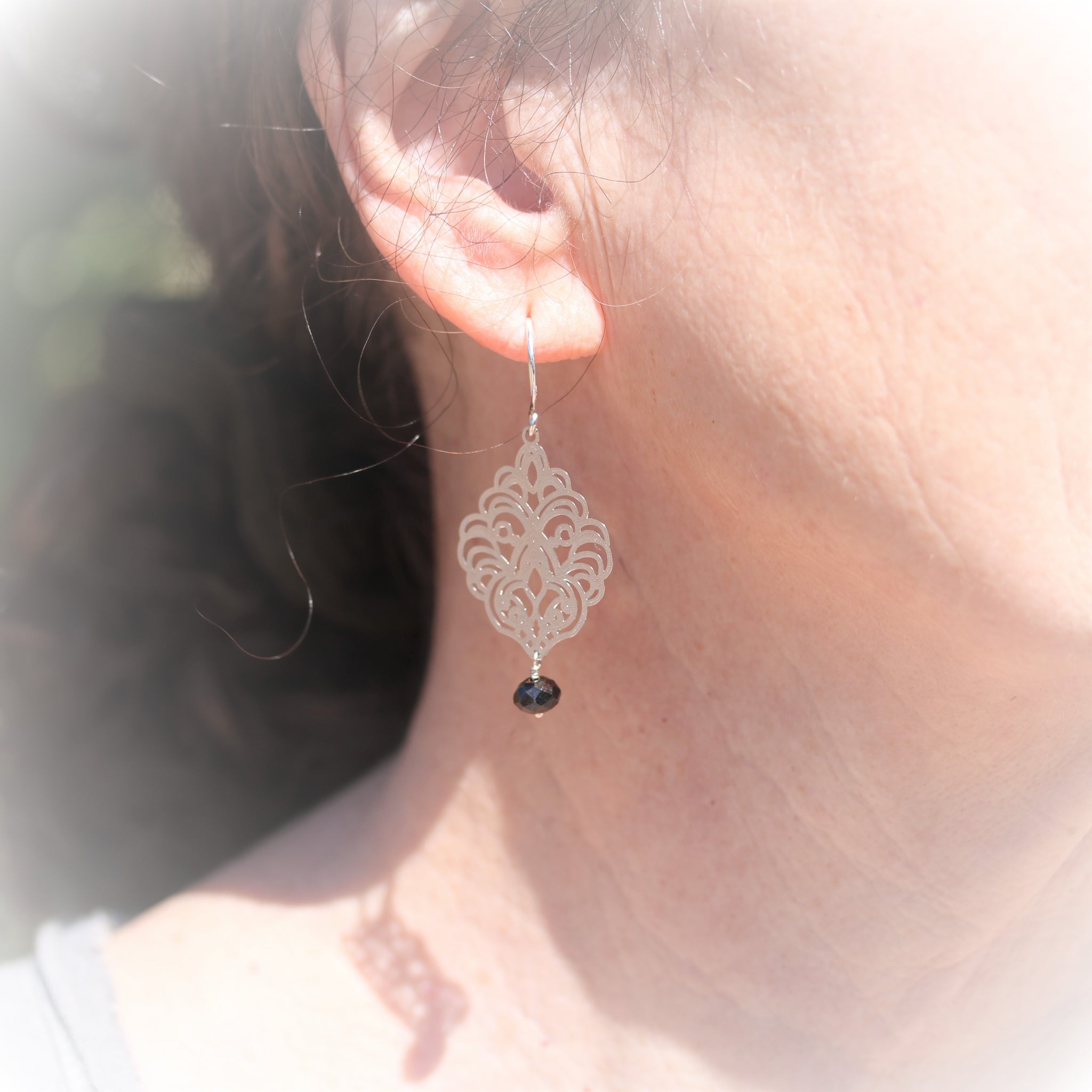 Gold or Silver Filigree Earrings with Pearl or Hematite Dangle