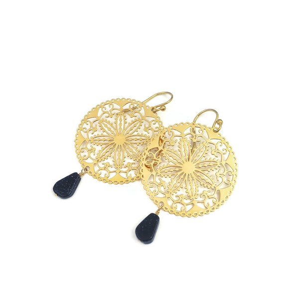 Gold Filigree Earrings Round Floral Bohemian Style
