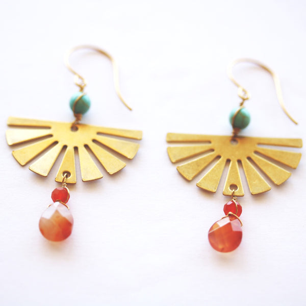 Brass Sun Earrings with Carnelian and Turquoise - Sienna Grace Jewelry