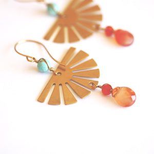 Brass Sun Earrings with Carnelian and Turquoise - Sienna Grace Jewelry