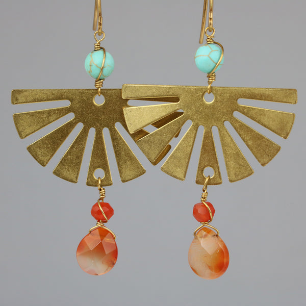 Brass Sun Earrings with Carnelian and Turquoise