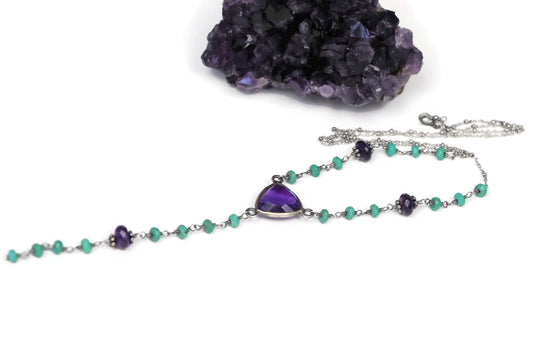 Amethyst and Turquoise Sterling Silver Y Necklace Layering Jewelry - Sienna Grace Jewelry