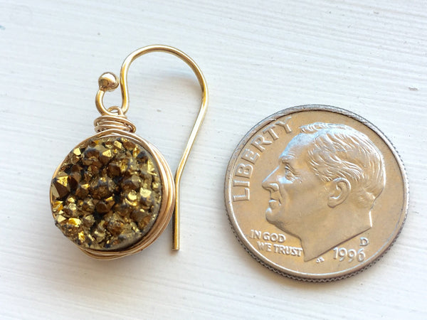 Gold Druzy Quartz Earrings Drop Dangle Style - Sienna Grace Jewelry | Pretty Little Handcrafted Sparkles