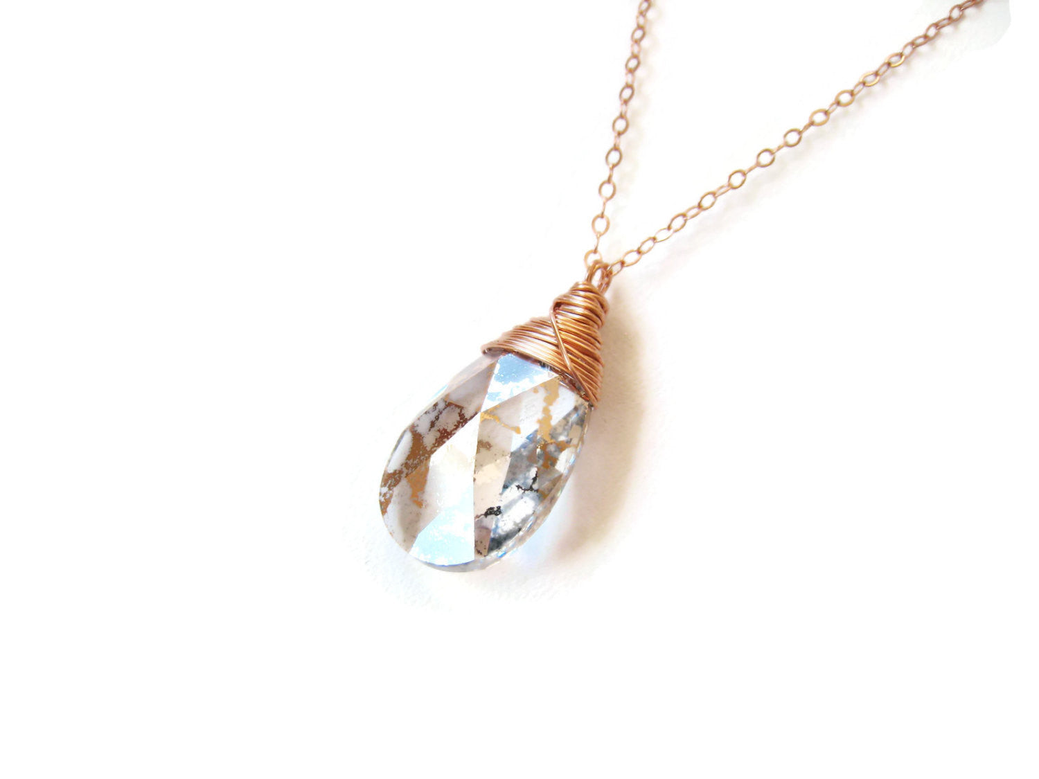  Rose Gold Crystal Wire Wrapped Pendant Necklace - Sienna Grace Jewelry - Pretty Little Handcrafted Sparkles