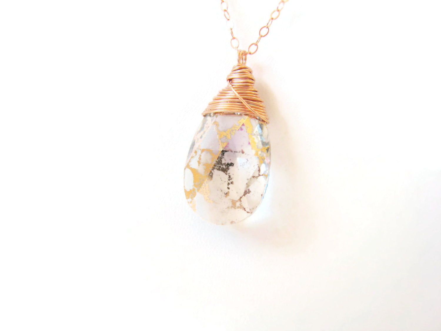  Rose Gold Crystal Wire Wrapped Pendant Necklace - Sienna Grace Jewelry - Pretty Little Handcrafted Sparkles