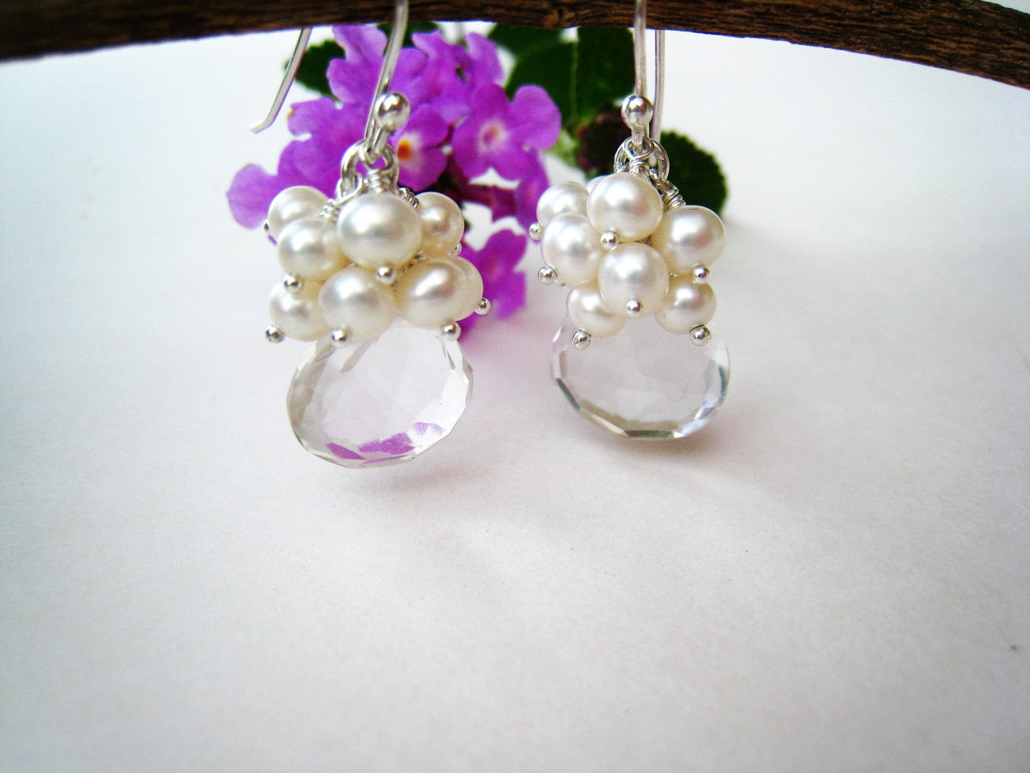 Rock Crystal Quartz and Pearl Cluster Earrings - Sienna Grace Jewelry | Pretty Little Handcrafted Sparkles