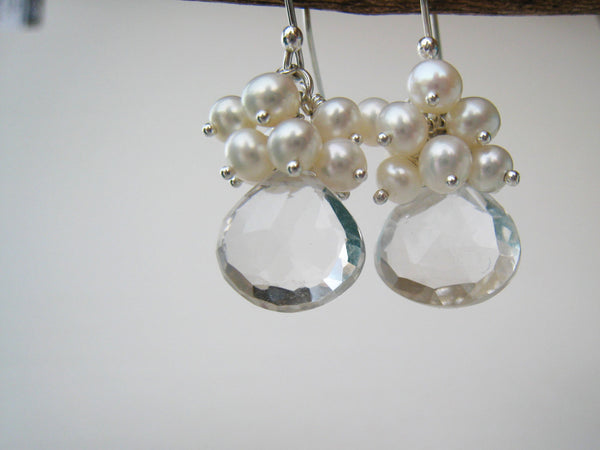 Rock Crystal Quartz and Pearl Cluster Earrings - Sienna Grace Jewelry | Pretty Little Handcrafted Sparkles