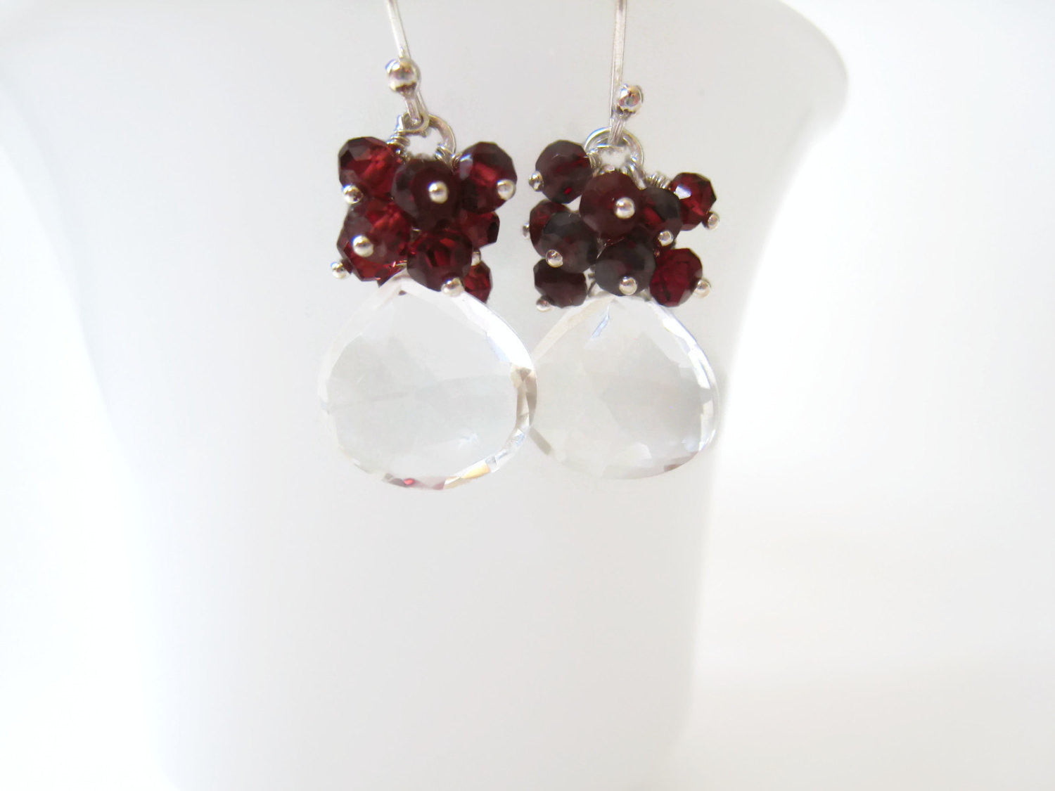 Rock Crystal Quartz Cluster Earrings with Red Garnets - Sienna Grace Jewelry | Pretty Little Handcrafted Sparkles