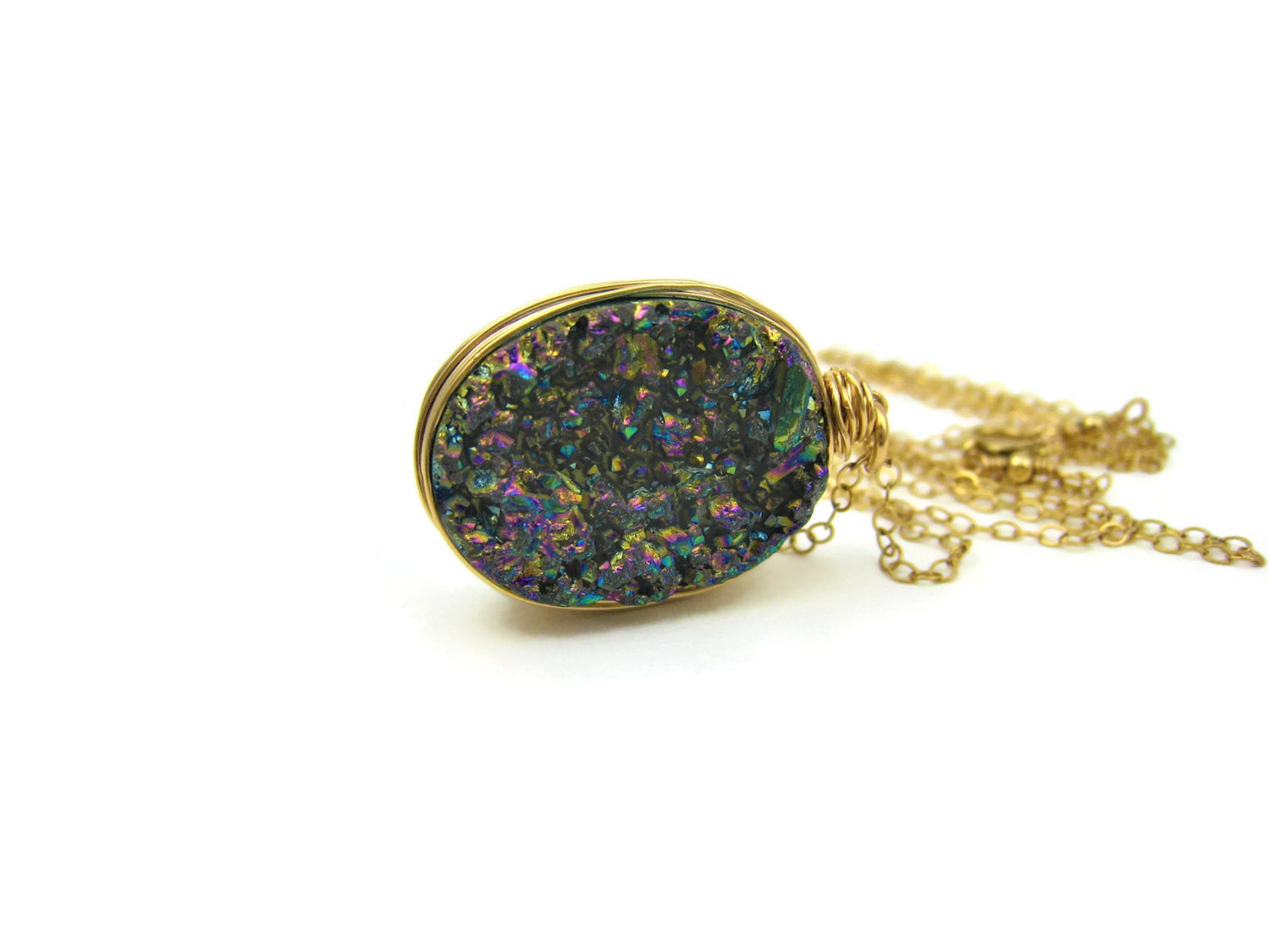 Rainbow Druzy Quartz Wire Wrapped Necklace - Sienna Grace Jewelry | Pretty Little Handcrafted Sparkles