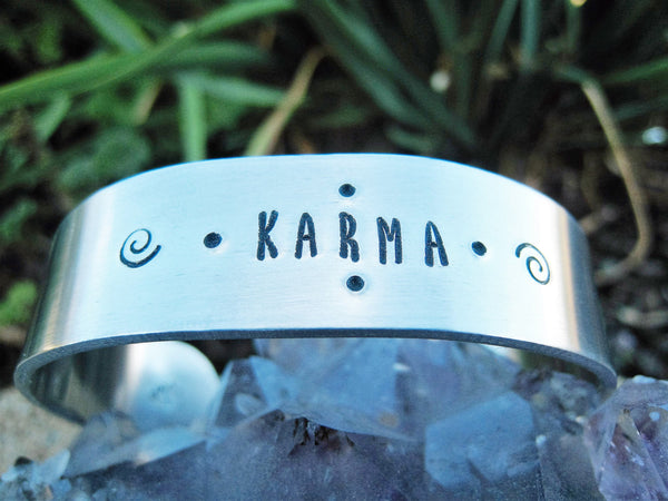 Karma Bracelet Hand Stamped Aluminum Cuff - Sienna Grace Jewelry | Pretty Little Handcrafted Sparkles