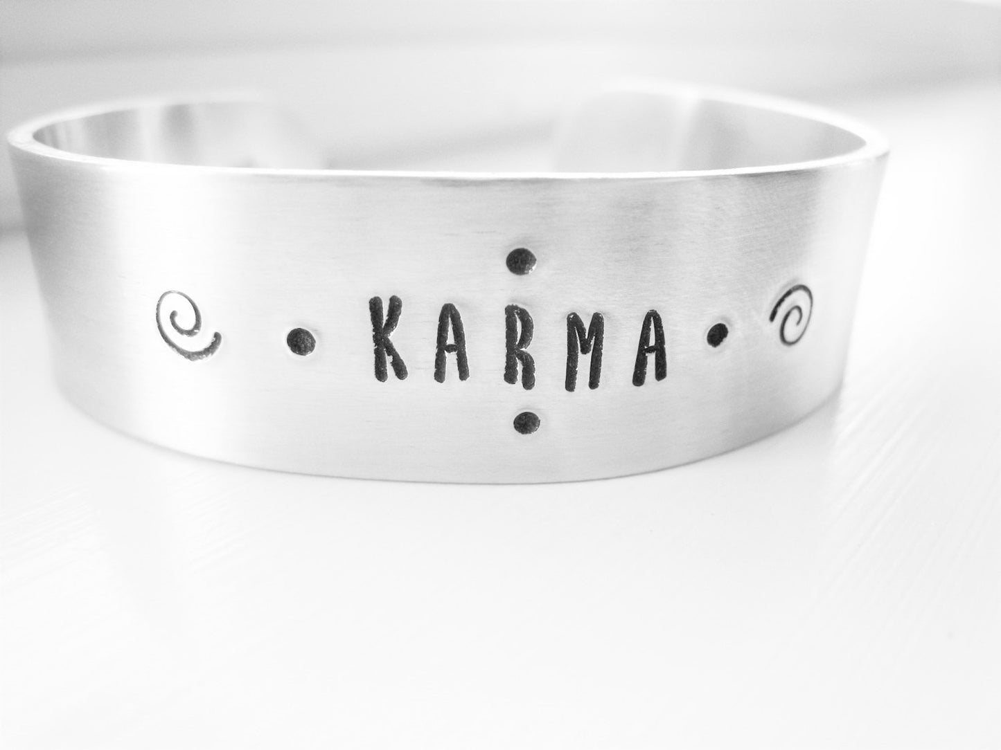 Karma Bracelet Hand Stamped Aluminum Cuff - Sienna Grace Jewelry | Pretty Little Handcrafted Sparkles