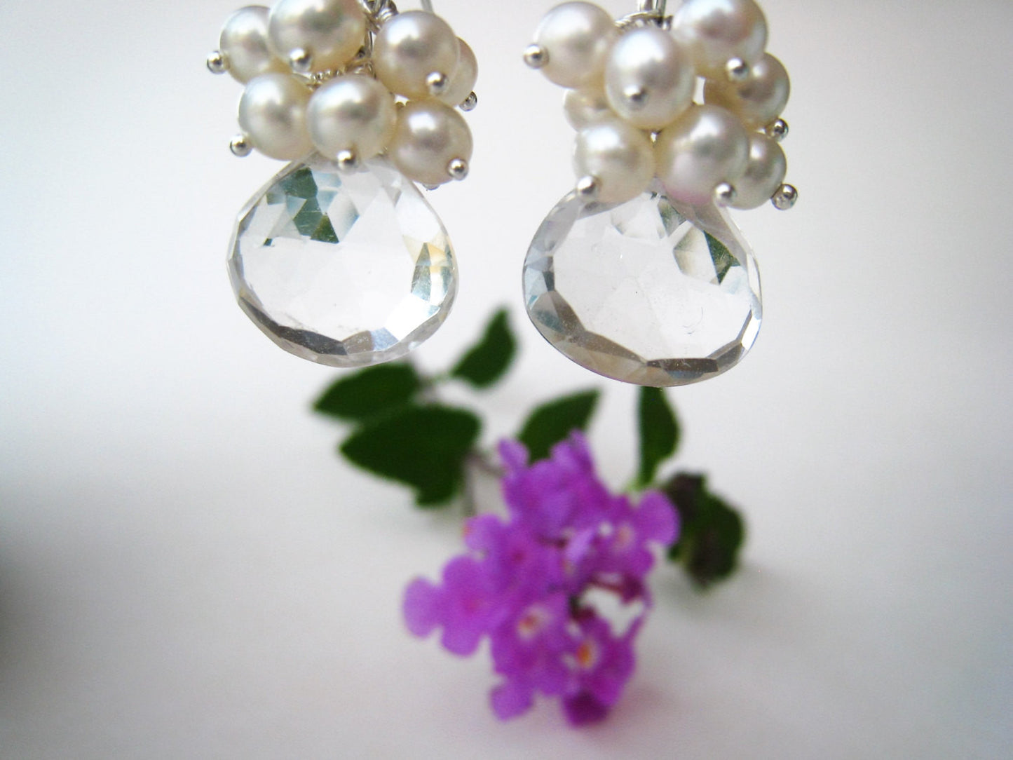 Rock Crystal Quartz and Pearl Cluster Earrings - Sienna Grace Jewelry | Pretty Little Handcrafted Sparkles