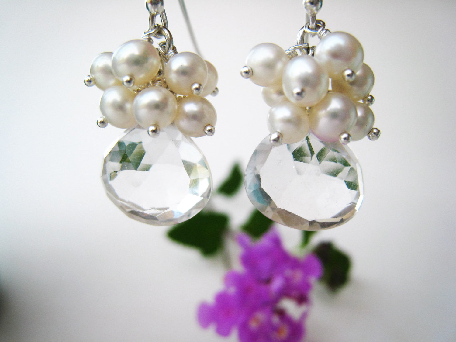 Rock Crystal Quartz and Pearl Cluster Earrings - Sienna Grace Jewelry | Pretty Little Handcrafted Sparkles