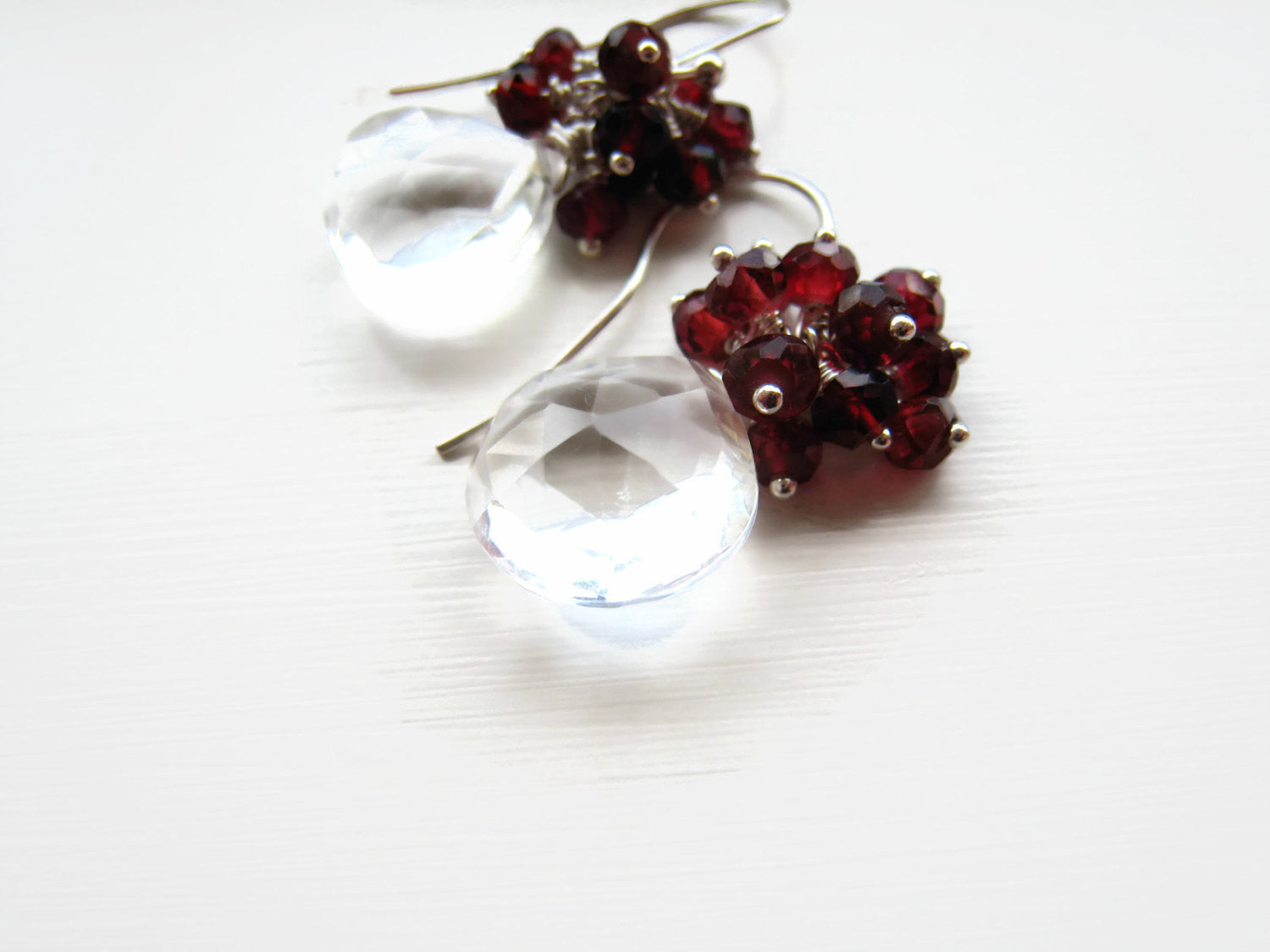 Rock Crystal Quartz Cluster Earrings with Red Garnets - Sienna Grace Jewelry | Pretty Little Handcrafted Sparkles