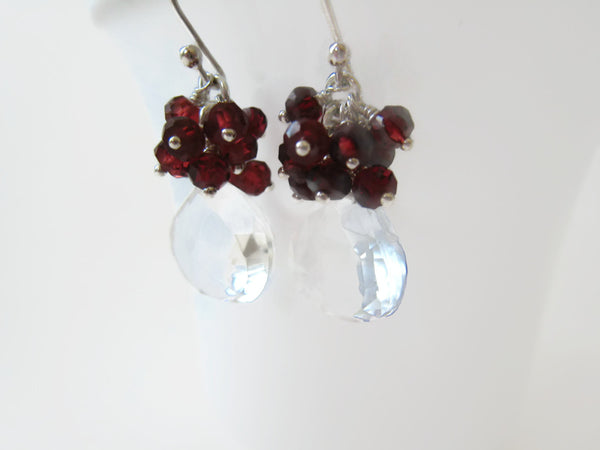 Rock Crystal Quartz Cluster Earrings with Red Garnets - Sienna Grace Jewelry | Pretty Little Handcrafted Sparkles