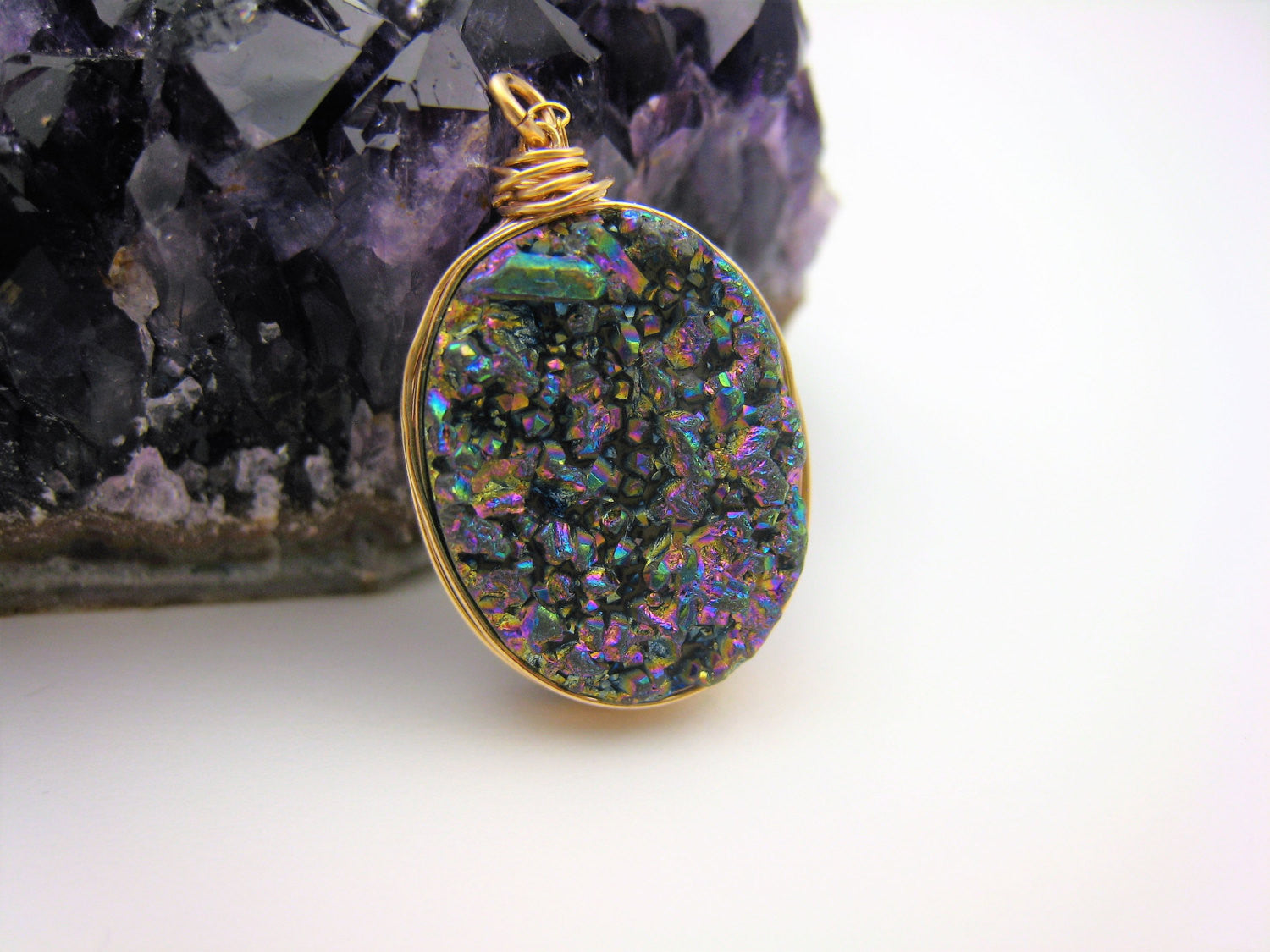 Rainbow Druzy Quartz Wire Wrapped Necklace - Sienna Grace Jewelry | Pretty Little Handcrafted Sparkles