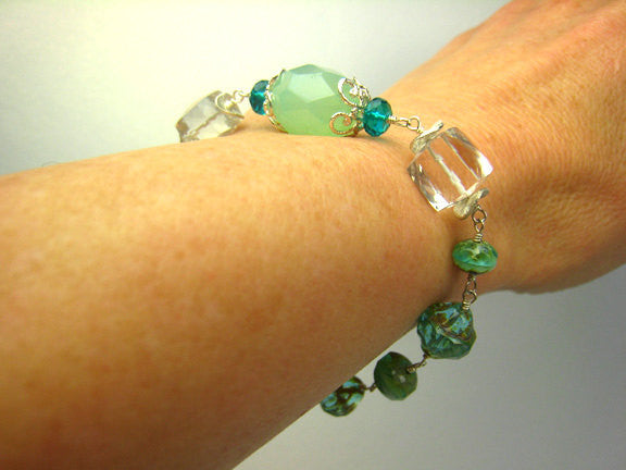 Turquoise Green and Aqua Czech Glass Bracelet Beach Inspired - Sienna Grace Jewelry | Pretty Little Handcrafted Sparkles