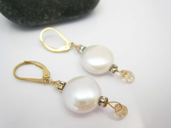 Coin Pearl Bridal Earrings with Swarovski Crystals - Sienna Grace Jewelry | Pretty Little Handcrafted Sparkles