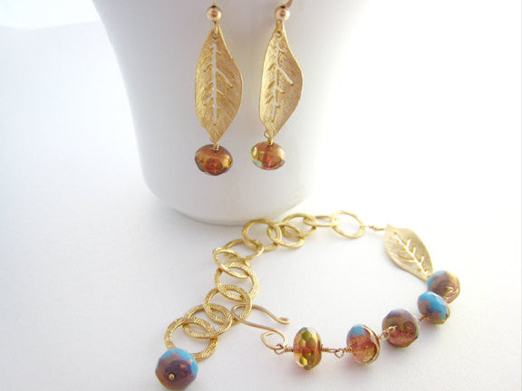 Czech Glass Earrings and Bracelet Set Golden Leaves - Sienna Grace Jewelry | Pretty Little Handcrafted Sparkles