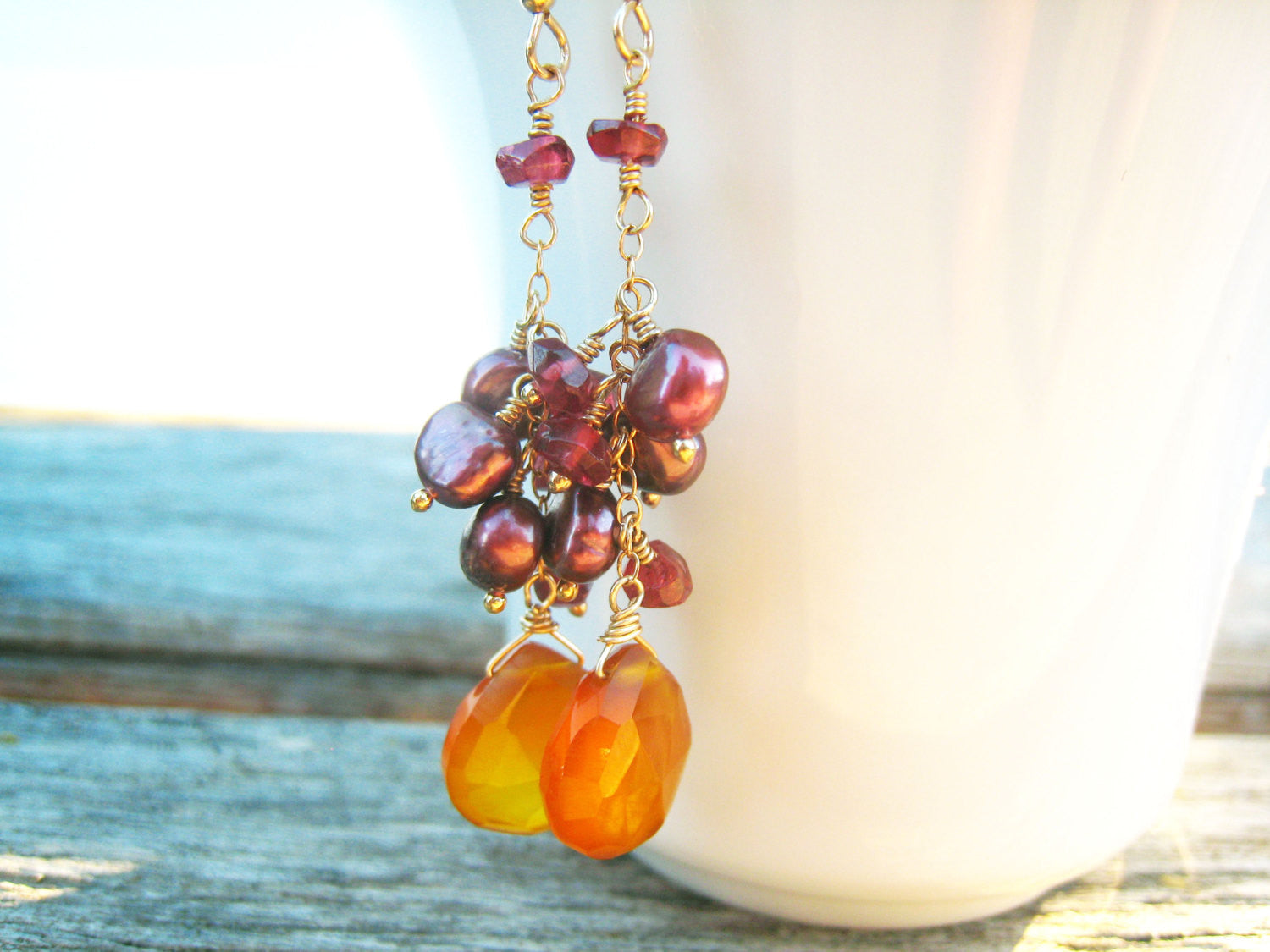 Yellow Chalcedony Magenta Pearls and Garnets Dangle Earrings - Sienna Grace Jewelry | Pretty Little Handcrafted Sparkles