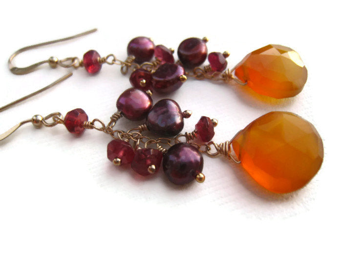 Yellow Chalcedony Magenta Pearls and Garnets Dangle Earrings - Sienna Grace Jewelry | Pretty Little Handcrafted Sparkles