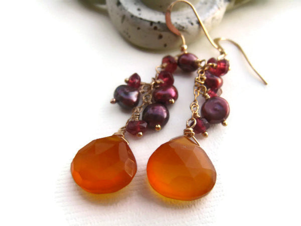 Yellow Chalcedony Magenta Pearls and Garnets Dangle Earrings - Sienna Grace Jewelry | Pretty Little Handcrafted Sparkles