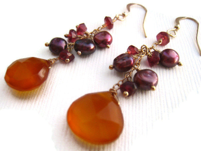 Yellow Chalcedony Magenta Pearls and Garnets Dangle Earrings - Sienna Grace Jewelry | Pretty Little Handcrafted Sparkles