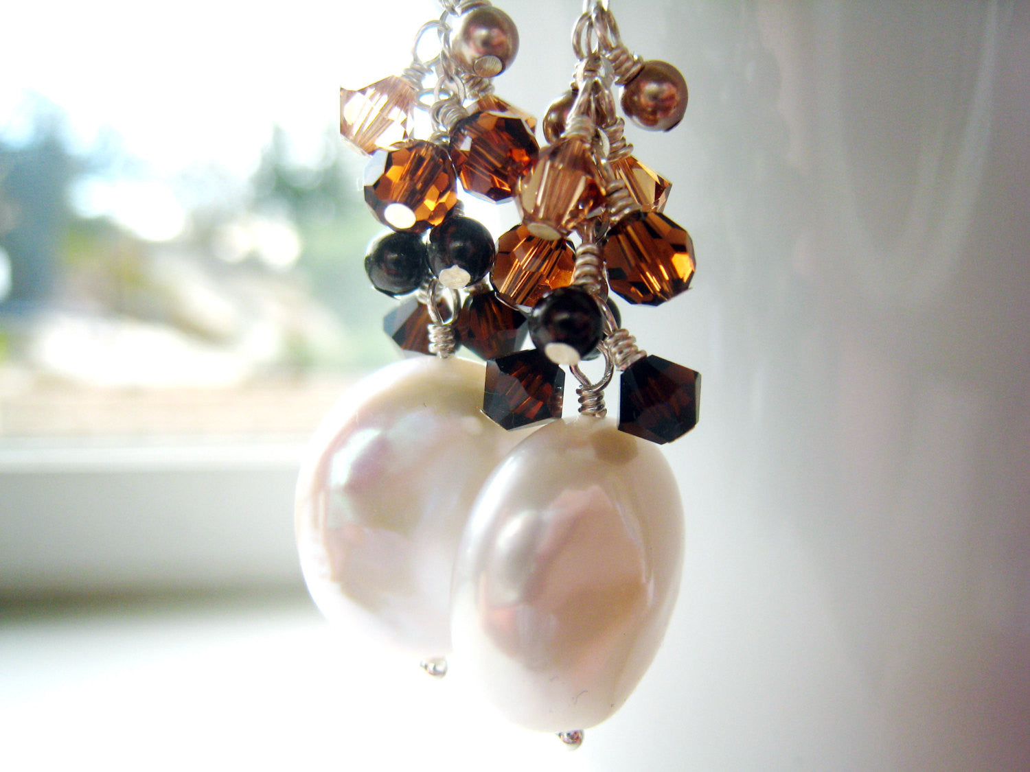 Pearl Earrings Coin Pearl Earring with Swarovski Crystal Cluster - Sienna Grace Jewelry | Pretty Little Handcrafted Sparkles