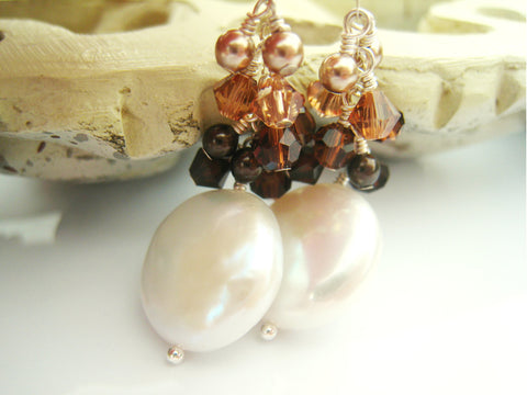 Pearl Earrings Coin Pearl Earring with Swarovski Crystal Cluster - Sienna Grace Jewelry | Pretty Little Handcrafted Sparkles