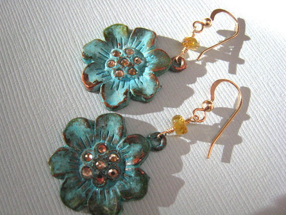 Verdigris Flower Sakura Blossom Earrings - Sienna Grace Jewelry | Pretty Little Handcrafted Sparkles