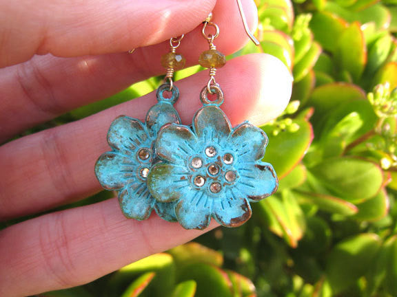 Verdigris Flower Sakura Blossom Earrings - Sienna Grace Jewelry | Pretty Little Handcrafted Sparkles