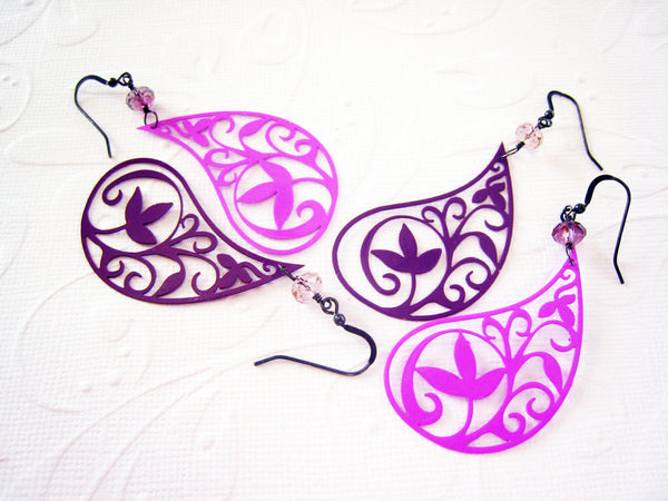 Purple Paisley Filigree Earrings Bohemian Style - Sienna Grace Jewelry | Pretty Little Handcrafted Sparkles