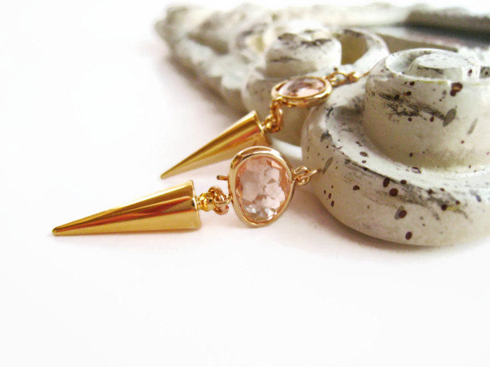 Minimalist Gold Spike Earrings with Pink Glass Stone - Sienna Grace Jewelry | Pretty Little Handcrafted Sparkles