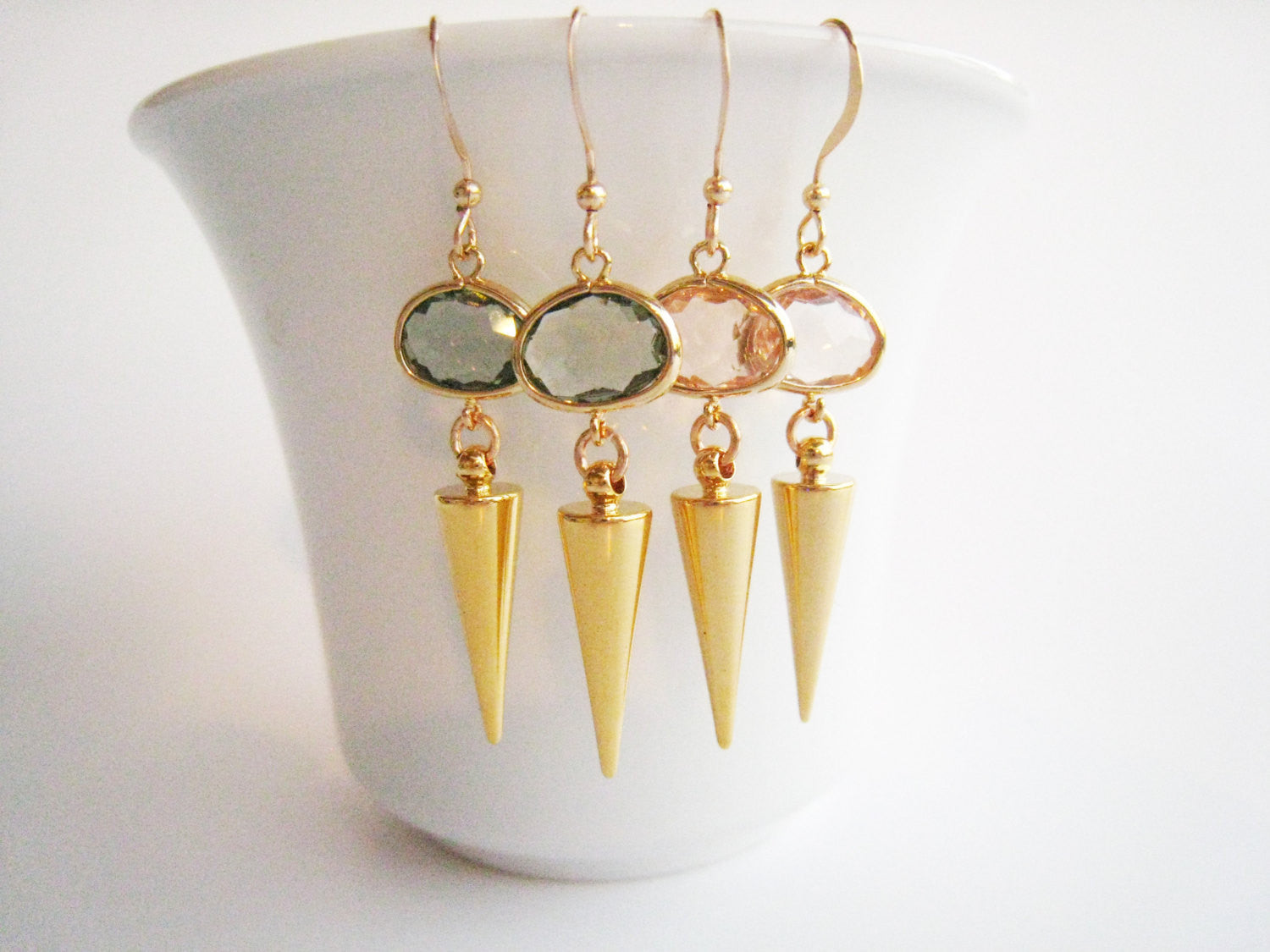 Minimalist Gold Spike Earrings with Pink Glass Stone - Sienna Grace Jewelry | Pretty Little Handcrafted Sparkles