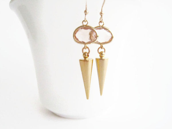 Minimalist Gold Spike Earrings with Pink Glass Stone - Sienna Grace Jewelry | Pretty Little Handcrafted Sparkles