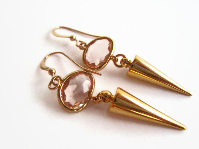 Minimalist Gold Spike Earrings with Pink Glass Stone - Sienna Grace Jewelry | Pretty Little Handcrafted Sparkles