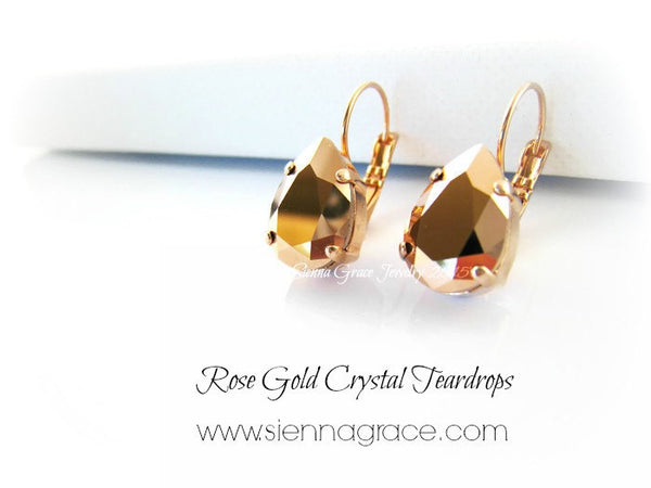 Swarovski Rose Gold Crystal Pear Shaped Earrings - Sienna Grace Jewelry | Pretty Little Handcrafted Sparkles