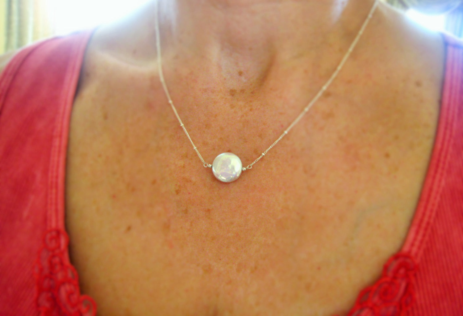 Coin Pearl Necklace Minimalist Style - Sienna Grace Jewelry | Pretty Little Handcrafted Sparkles