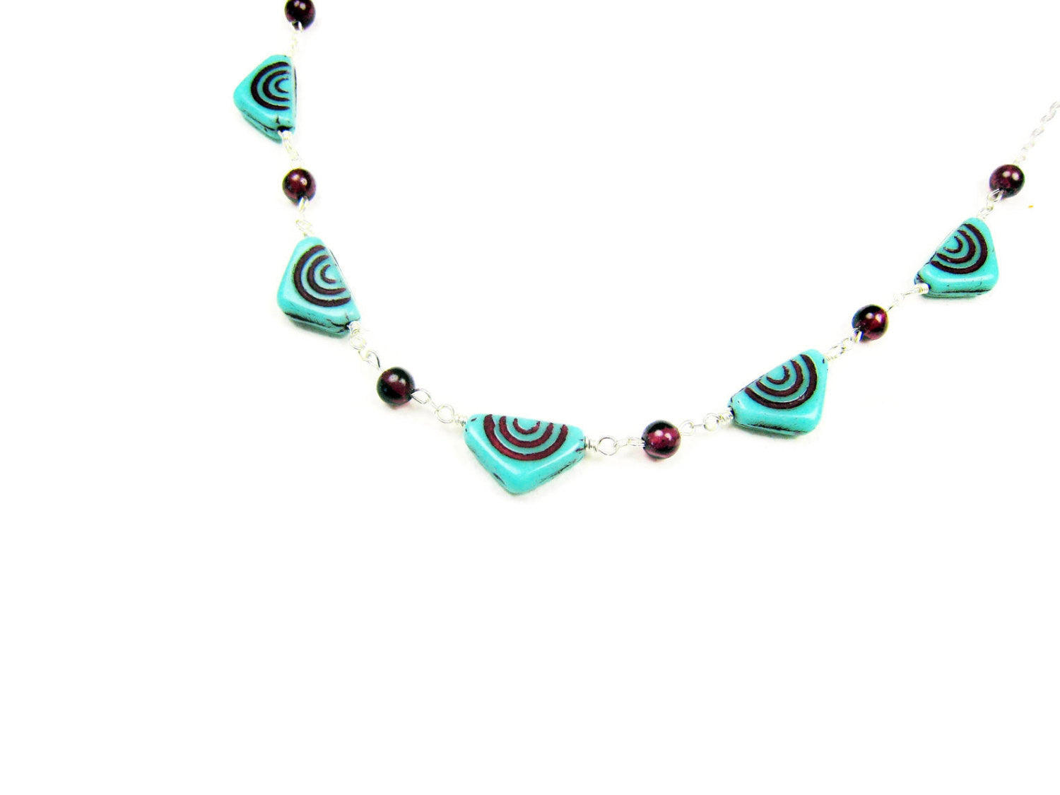 Czech Glass Necklace Turquoise Triangles with Red Garnets - Sienna Grace Jewelry | Pretty Little Handcrafted Sparkles