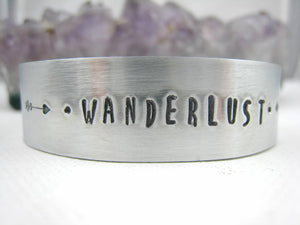 Wanderlust Bracelet Hand Stamped Aluminum Cuff - Sienna Grace Jewelry | Pretty Little Handcrafted Sparkles