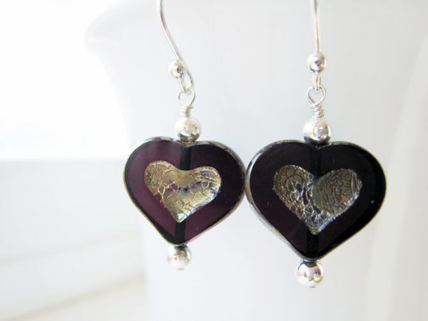 Purple Czech Glass Heart Earrings - Sienna Grace Jewelry | Pretty Little Handcrafted Sparkles